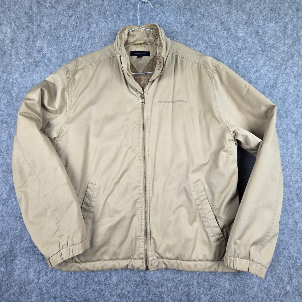 Tommy Hilfiger Mens Large Tan Cotton Full Zip Bomber Jacket Cozy Faux Fur Lined